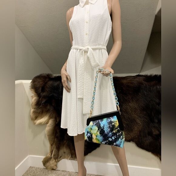 Handmade Genuine Premium Leather Tie-dye Printed Wooden Frame Bag with 2 Chains - Picture 11 of 16